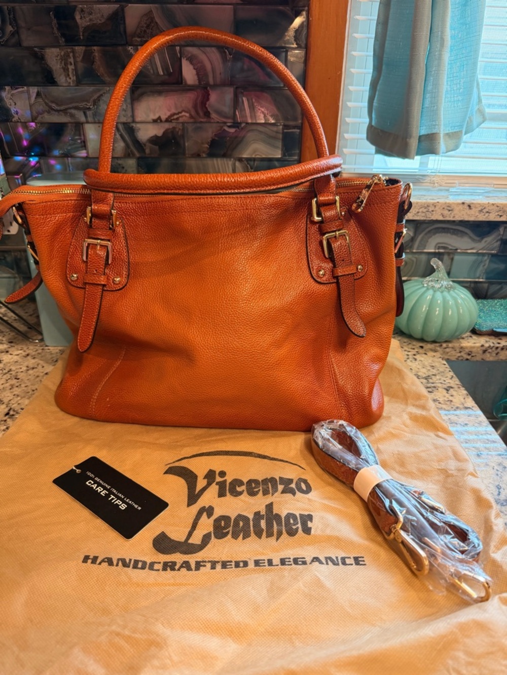 Orange Leather Tote Bag